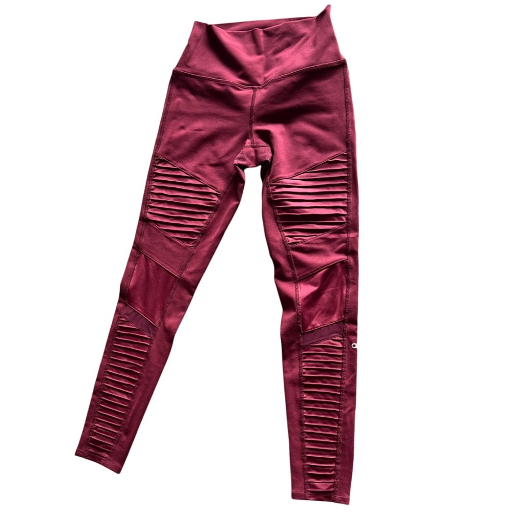 Alo Yoga Moto Leggings Burgundy High Waist Ribbed Athletic Activewear Womens